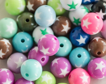 Large Round Plastic beads with white  Star design, mixed Color, 25 pieces   -B2715