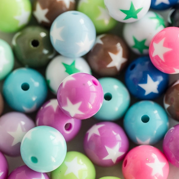 Grandes perles rondes en plastique avec étoile blanche, couleurs variées, 25 pièces -B2715