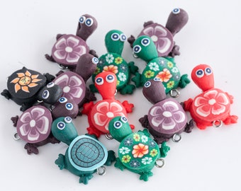 Turtle Pendants made from Polymer Clay,  Hemp Necklace Charms  - 6 pieces -B2223