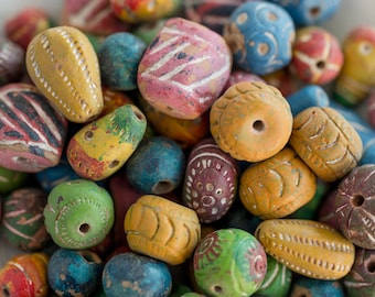 Unique Indian Clay Beads,  Bohemian Craft Supplies,  Hand Painted Mixed Color and sizes, 30 pieces  -B2898