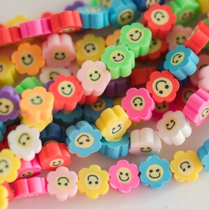 Polymer Clay Flower Beads with smile, mixed colors, 38 piece strand  - B3022