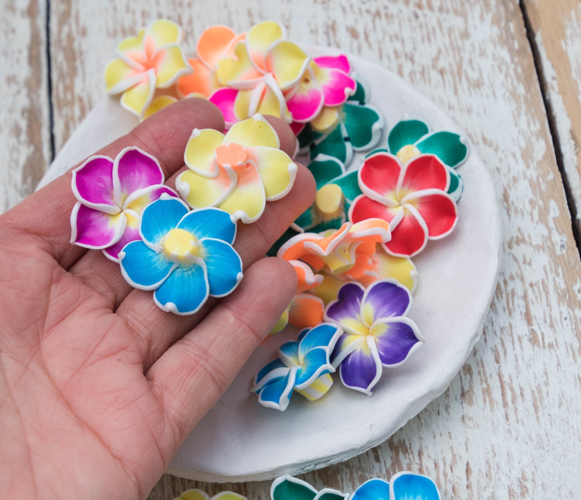 10 Plumeria Polymer Clay Flowers White 30mm