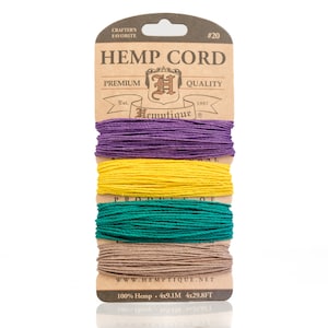 May include: A package of four spools of hemp cord in purple, yellow, green, and brown. The package is labeled "Hemp Cord" and "100% Hemp 4x9.1M 4x29.8FT".