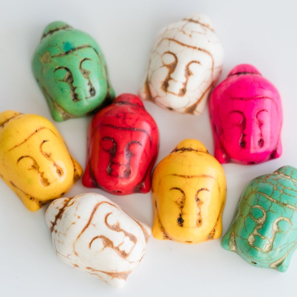 Howlite Buddha Head Beads, dyed stone mixed colors, 6 pieces - B3218