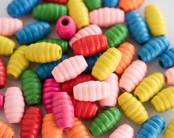 Painted  Wood Tube Beads with carved design, mixed bright colors: 40 pieces -B2931