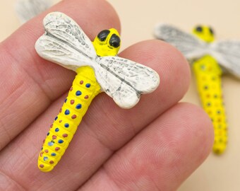 Dragonfly Pendant, 2pcs, 33mm, Clay Dragonfly Beads,   Clay Pendants, Yellow Dragonfly -R147