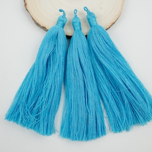 Lange blaue Baumwollquasten mit kleiner Schleife, weiche Quastenanhänger, 13 cm lang