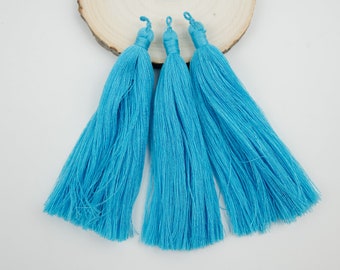 Long Blue Cotton Tassels with small loop, soft  Tassel Pendants, 5 inch long