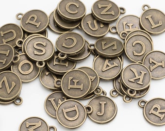 25 Type Writer Keys Letter Charms, small Bronze  Pendant,   Round Flat 12mm diameter  -C1225