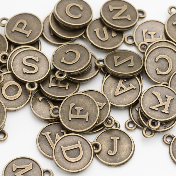 25 Type Writer Keys Letter Charms, small Bronze  Pendant,   Round Flat 12mm diameter  -C1225