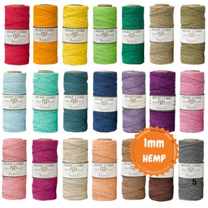 May include: Twenty-four spools of 1 mm hemp cord in various colors, including red, orange, yellow, green, blue, purple, pink, beige, brown, and gray. The spools are labeled "HEMP CORD".
