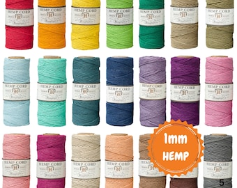 May include: Twenty-four spools of 1 mm hemp cord in various colors, including red, orange, yellow, green, blue, purple, pink, beige, brown, and gray. The spools are labeled "HEMP CORD".