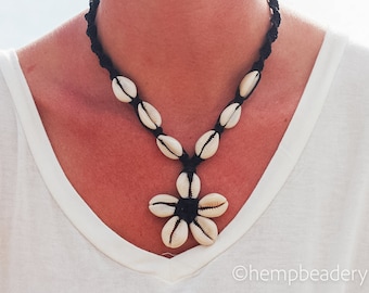 Macrame Cowrie Shell Flower Necklace: Hemp Knotted Beach Choker