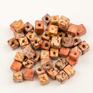 Wood Cube Beads – 8mm | Patterned Earth Tone Colors | 50 Pieces -B2111