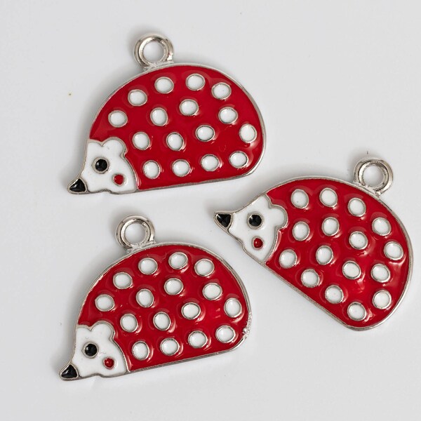 3 Red Spotted Hedgehog Pendants: Silver tone charms for jewelry making -C1232