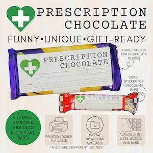 May include: Two chocolate bars are shown, both labelled "Prescription Chocolate." The larger bar has a purple wrapper, the smaller one is red. The image includes text indicating the product is funny, unique, and gift-ready.
