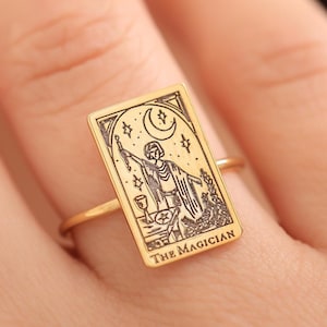 Anel de Tarô Personalizado, Anéis de Joias de Tarô, Anel de Cartas de Tarô, Anel de Tarô Dourado, Anel de Tarô da Lua, Joias Personalizadas Feitas à Mão, Presente de Natal