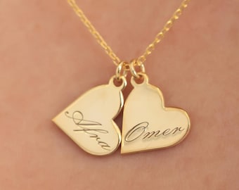 14k Gold Personalized Heart Name Necklace, Engraved Heart Necklace, Multiple Names Necklace Family Necklace, gift for her, Christmas Gift