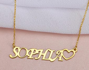 14k Personalized Name and Heart Necklace, Personalized Name Pendant with Heart, 14K Gold Name Necklace, Custom Dainty Jewelry Gift for Her