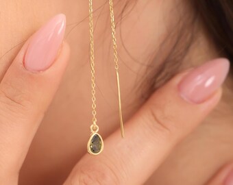 Personalized Birthstone Threader Earrings: Sterling Silver Dangle, Elegant Jewelry