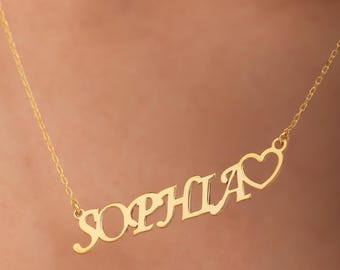 14k Gold Custom Name Necklace with Heart, Gold Heart Name Necklace, Dainty Name Necklace, gift for girlfriend, gift for her, Christmas Gift
