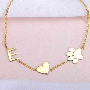 Pulseira de ouro 14K com iniciais, pulseira com letras personalizadas, pingente de coração, presente personalizado para mulheres, presente para ela, presente de Natal, joias minimalistas