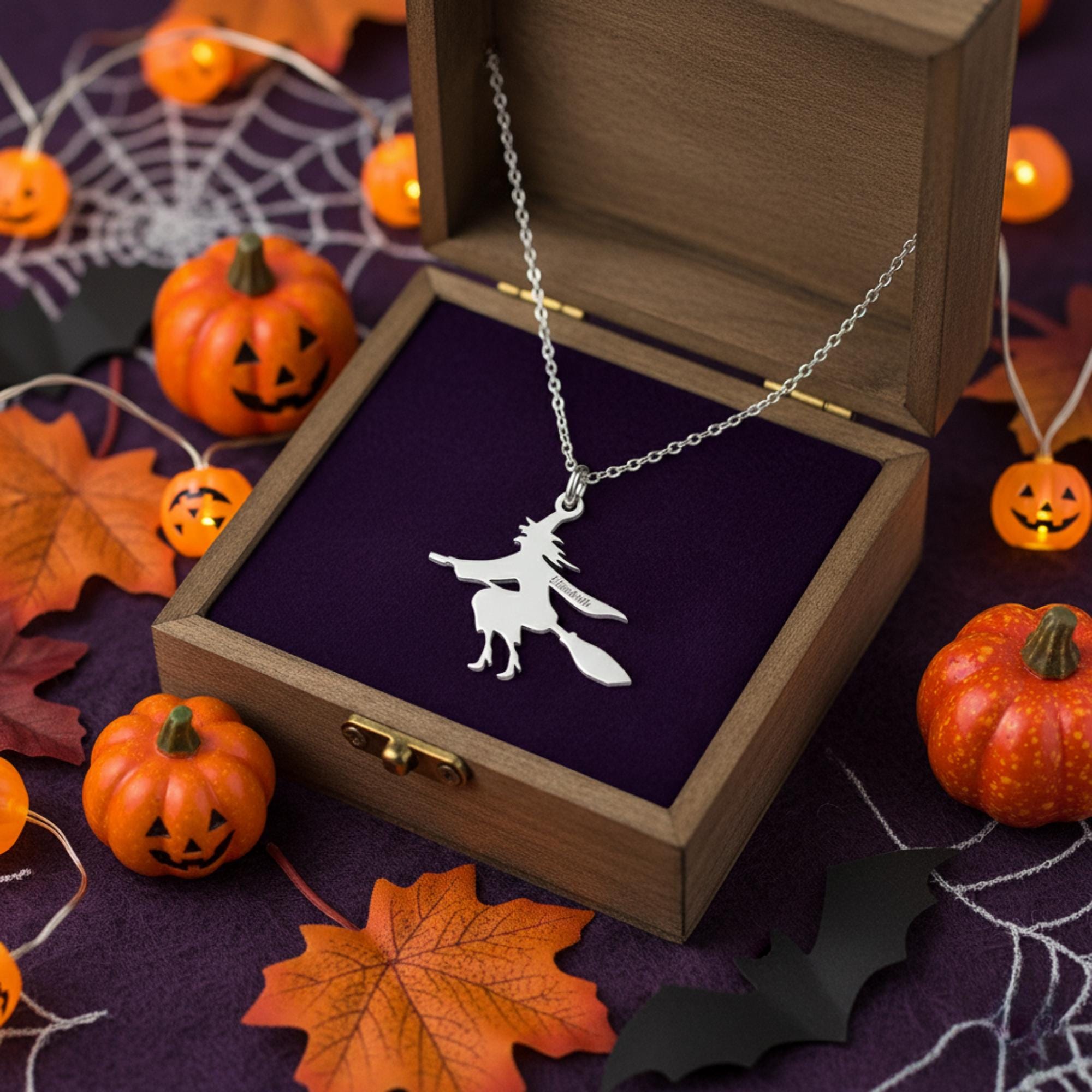 Personalized Witch Necklace, 14k Gold Plated Sterling Silver, Halloween ...
