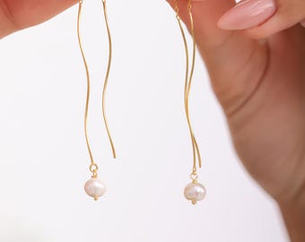 Freshwater Pearl Threader Earrings: Gold Plated Dainty Drop Earrings