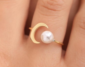 14k Goldring Halbmond: Sterlingsilber Perle himmlischen Schmuck, Geschenk zum Muttertag