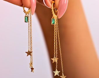 14K Gold Star Drop Earrings: Dainty Birthstone Celestial Jewelry