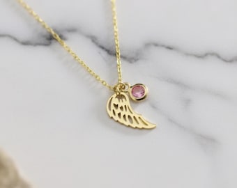 Naszyjnik z kamieniem szlachetnym w kształcie skrzydeł anioła wykonany ze złota 14K – biżuteria pamiątkowa, prezent na Walentynki i Dzień Matki