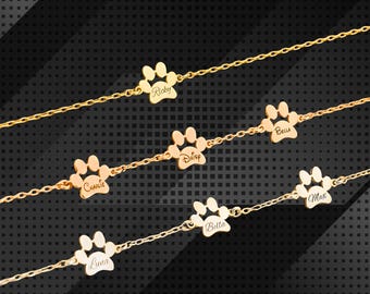 Personalized Paw Print Bracelet: Engraved Pet Name, Sterling Silver & Gold, Birthday Gift