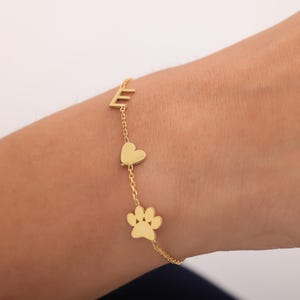 Pulseira com iniciais banhadas a ouro 14K e pingentes de coração e pata, joia personalizada para mulheres, corrente ajustável de 18 a 20 cm, presente para mulheres