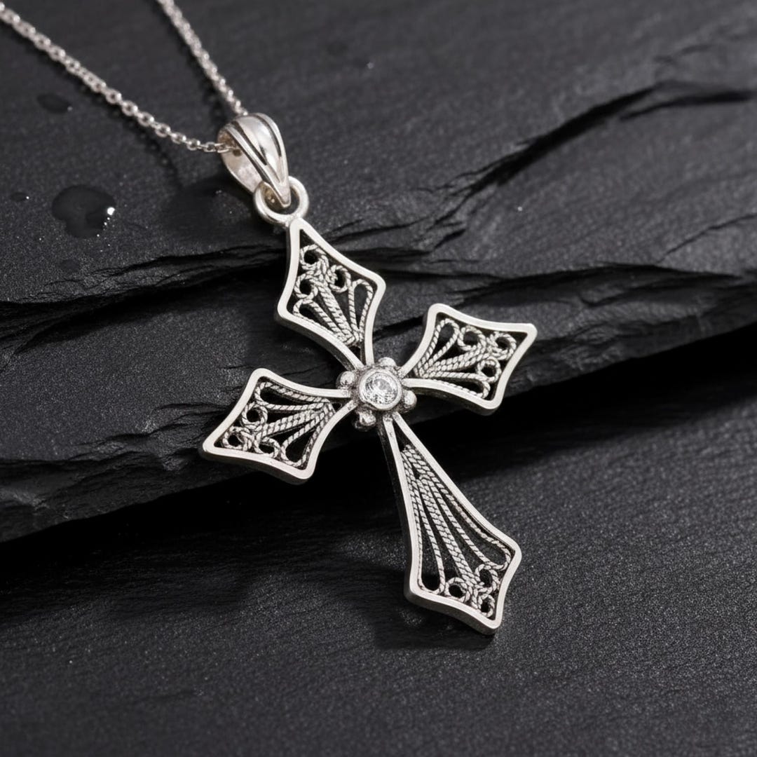 Filigree Pattern Christian Filigree Cross Necklace: Sterling Silver Christian Pendant Birthday ...