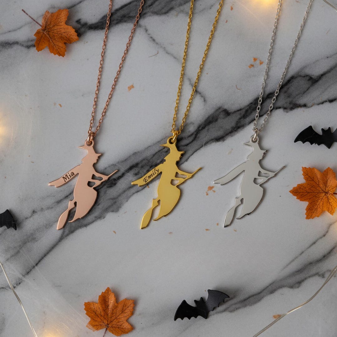 Personalized Witch Necklace, 14k Gold Plated Sterling Silver Halloween ...