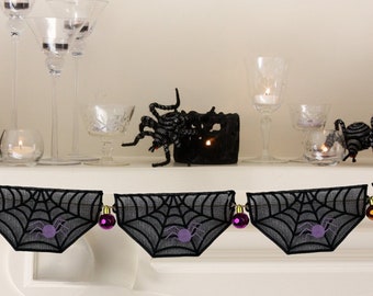 Spider Web Banner Embroidery Design for Halloween, Lace Spider Web ITH Halloween Banner, FSL banner for mantle decor, DIY Spider Web Garland