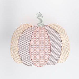 Pode incluir: Uma abóbora decorativa feita de arame com um padrão geométrico em laranja, vermelho e marrom.