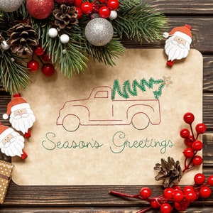 Rode vrachtwagen kerstboom Redwork borduurwerk ontwerpen (5 x 7 hoepel)