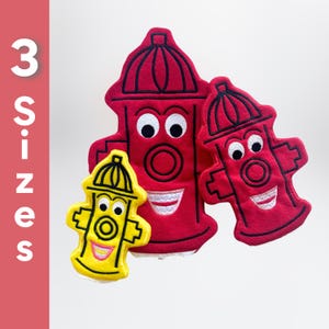 May include: Three plush fire hydrant toys in different sizes. The largest is red with a smiling face and white teeth. The middle size is red with a smiling face and white teeth. The smallest is yellow with a smiling face and white teeth.