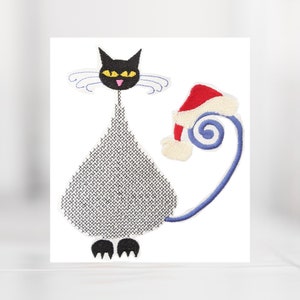 Design de bordado de gato para o Natal, padrão de bordado de gato preto, arquivo de gato em ponto cruz, gatinho de Natal, Papai Noel, arquivo felino