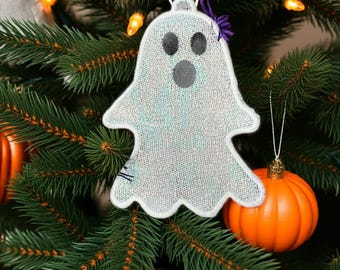 Spooky Ghost Mylar Embroidery Design, Halloween Lace Ornament (PES)