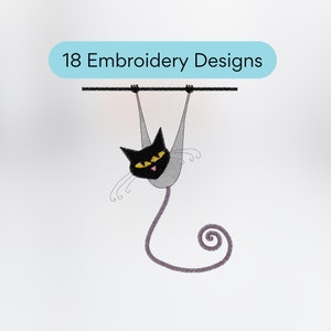 Svart katt broderidesign Halloween broderifil för tygmärken, häxigt broderimönster för diskhanddukar, broderi pes-filer, jef