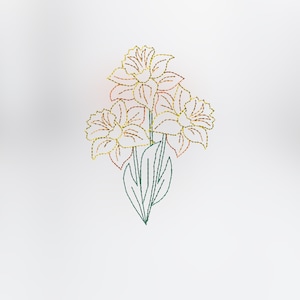May include: A line drawing of three yellow daffodils with green leaves. The flowers are outlined in gold and orange thread.