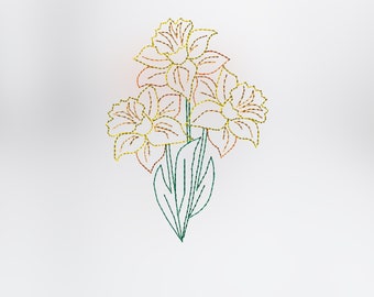 Daffodil Redwork Embroidery Design, Floral Line Art (5x7 Hoop)