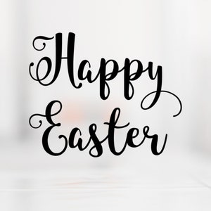 May include: A black and white image with the text "Happy Easter" written in a cursive font.