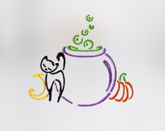 Witches Cauldron embroidery design for Halloween featuring a black cat and a small pumpkin