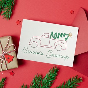 Red Truck kerstkaart Machine borduurwerk ontwerp, Redwork vakantie borduurbestand, DIY wenskaarten voor Kerstmis, Red Truck lijntekeningen