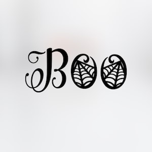 May include: Black and white graphic design of the word "BOO" with two stylised spiderwebs.