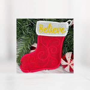 Gift card holder ITH embroidery design for Christmas, FSL embroidery design, ITH lace stocking, ornament, candy holder embroidery pattern