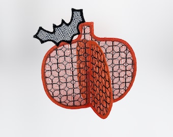 3D Lace Pumpkin Embroidery Design, FSL Halloween Decor (ITH Machine Embroidery File)